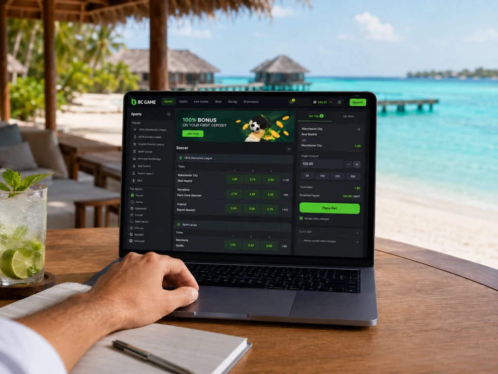 BC Game Maldives sports betting on laptop with island travel setting